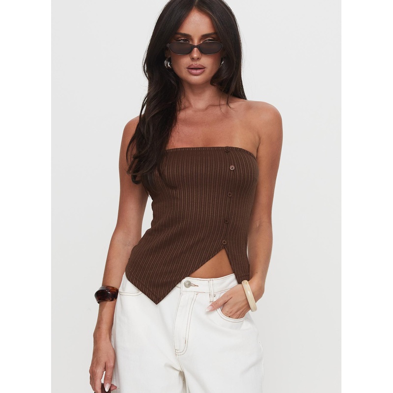 Slow Down Time Strapless Button Detail Top Chocolate