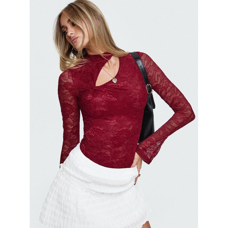 Twisted Humour Long Sleeve Lace Bodysuit Burgundy