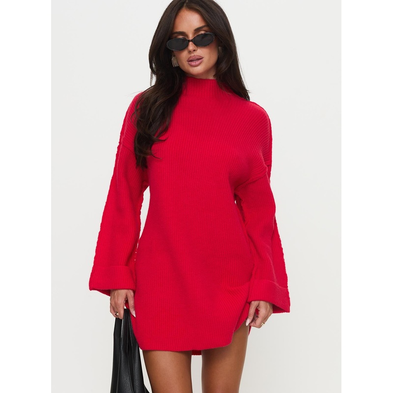 Weslie Long Sleeve Knit Mini Dress Red