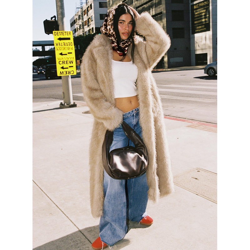 End Of Beginning Faux Fur Longline Jacket Beige