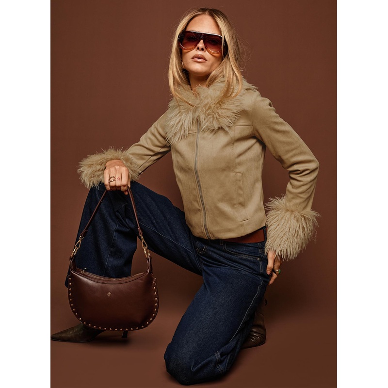 Jeanna Suede Faux Fur Detail Jacket Beige