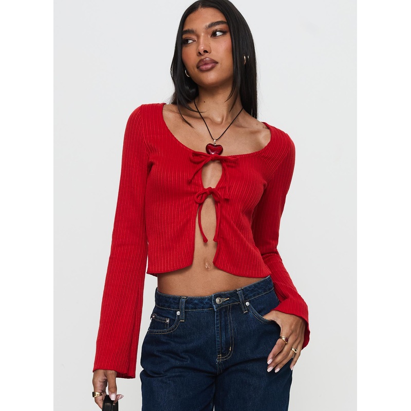 Rowynne Long Sleeve Tie Up Top Red