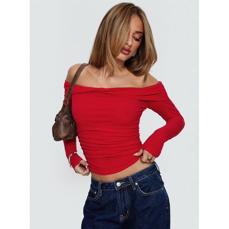 Sonnett Off Shoulder Twist Long Sleeve Top Red