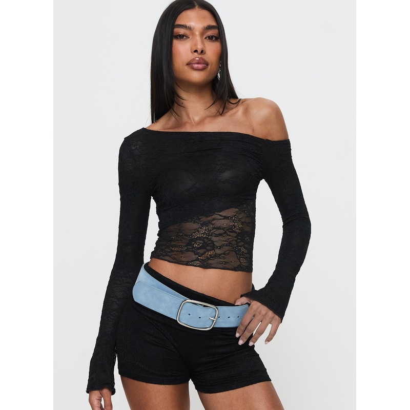 Tiberius Lace Asymmetrical Long Sleeve Top Black