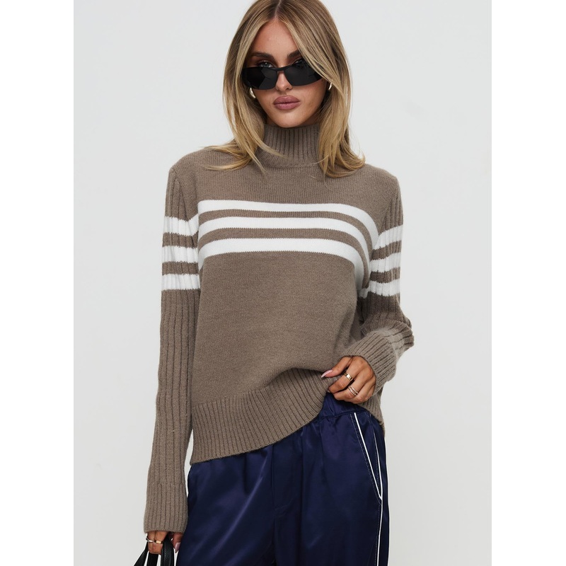 Bessemer Funnel Neck Knit Sweater Mocha Stripe