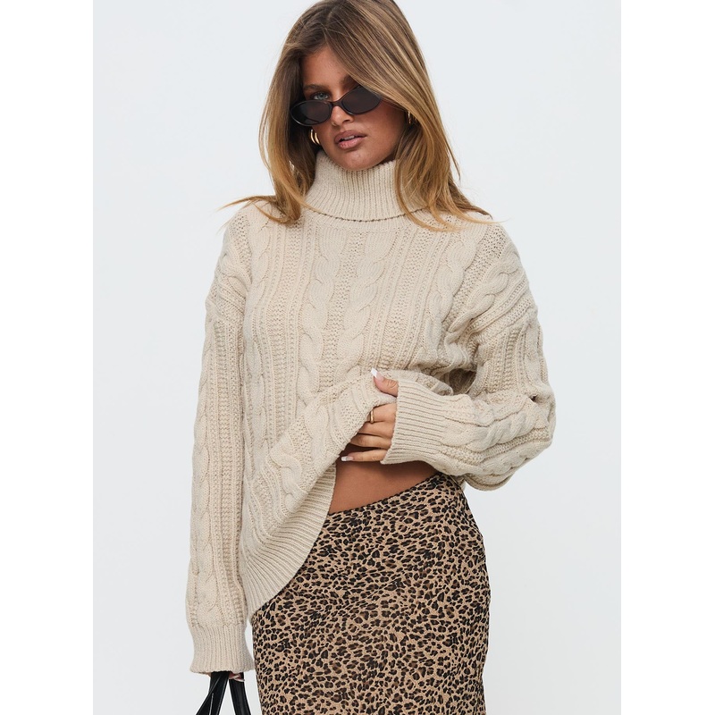 Bryden Turtleneck Cable Knit Sweater Beige