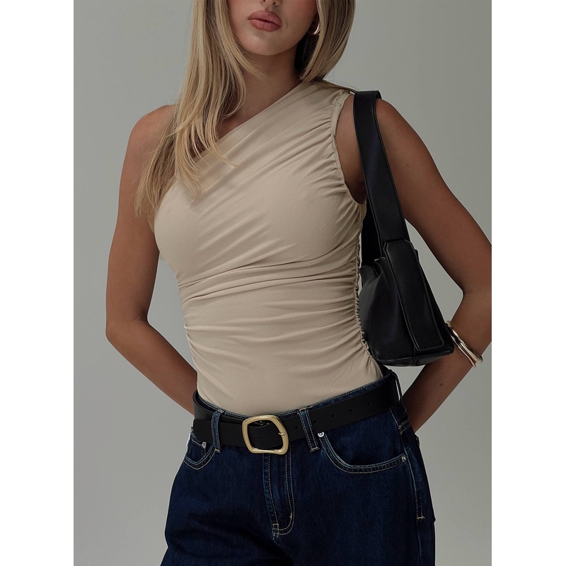 Heston Asymmetrical Ruched Bodysuit Beige