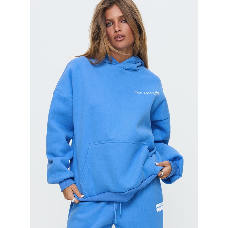 Princess Polly Hooded Sweatshirt Bubble Text Blue / White
