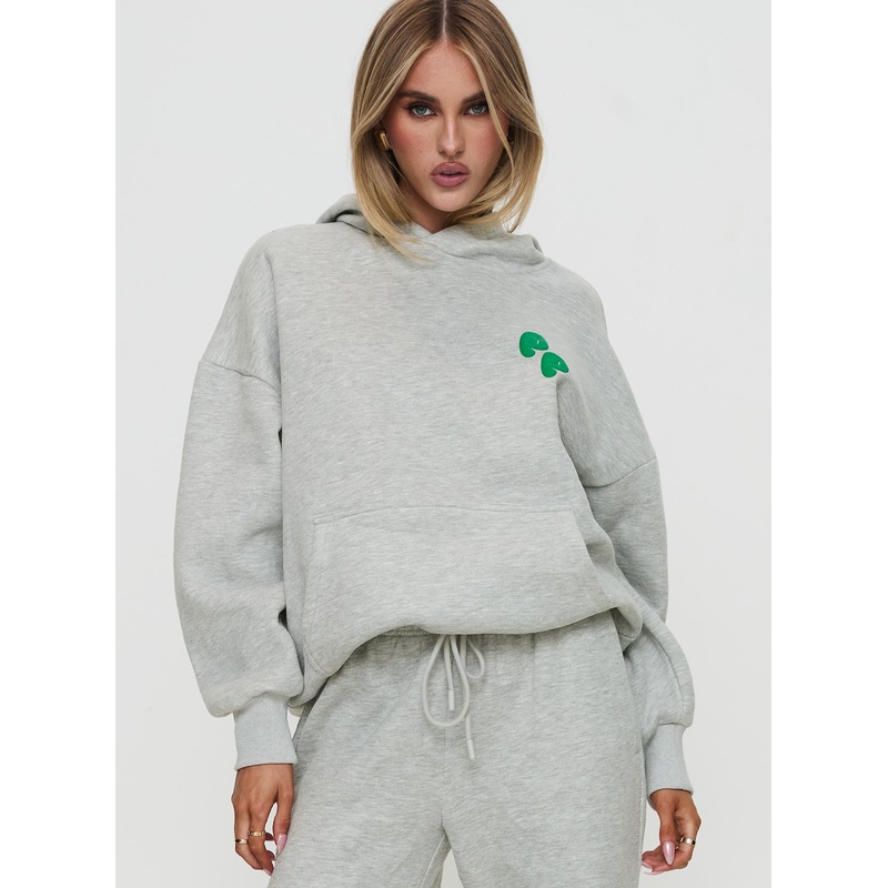 Princess Polly Hooded Sweatshirt Bubble Text Grey Marle / Green