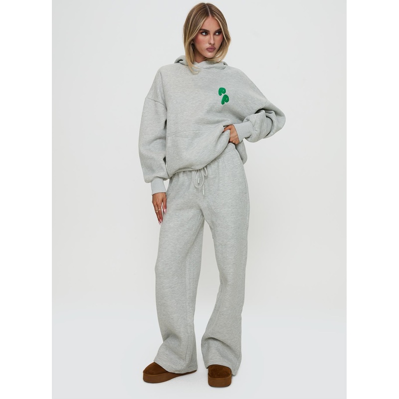 Princess Polly Wide Leg Track Pant Bubble Text Grey Marle / Green