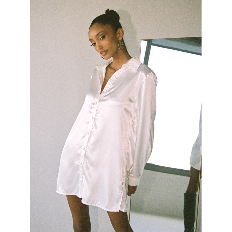 90210 Satin Shirt Mini Dress White