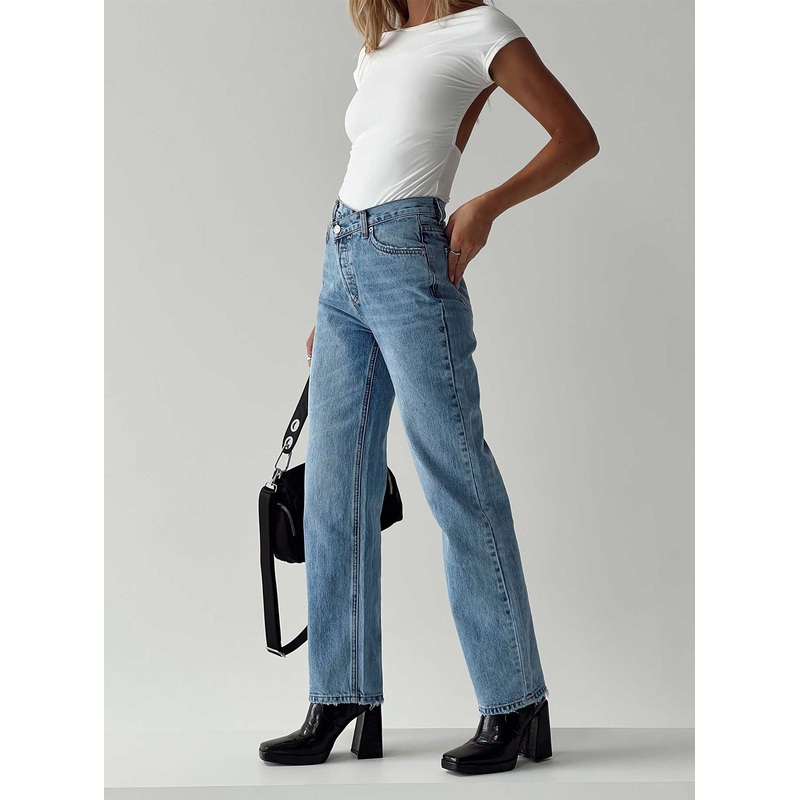 Holly Asymmetric Straight Leg Jean Light Wash Denim