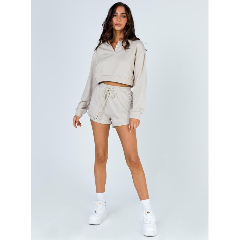 Rise & Lounge Cropped Henley Sweatshirt Beige