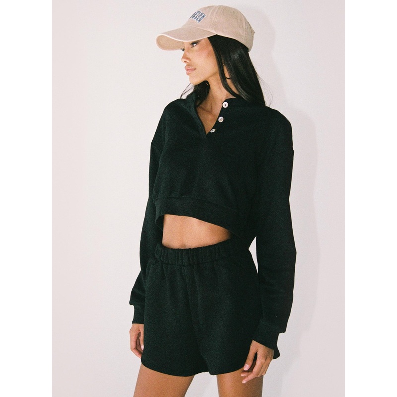Rise & Lounge Cropped Henley Sweatshirt Black