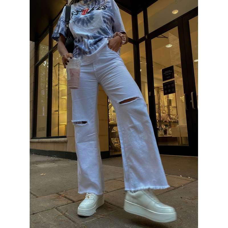 Cece Hammer Wide Leg Knee Rip Jeans White Denim
