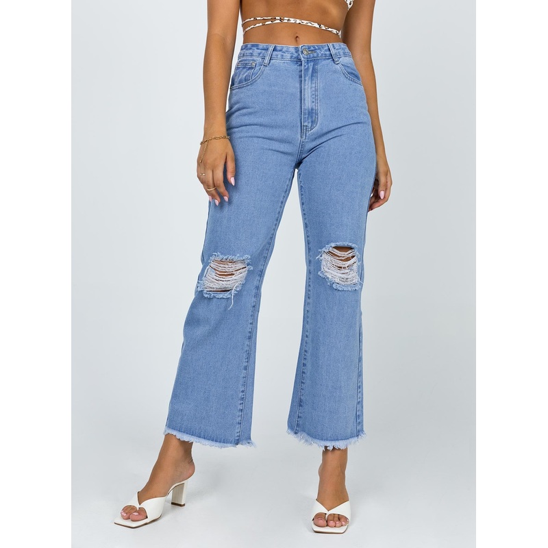 Cece Hammer Wide Leg Knee Rip Jeans Mid Wash Denim