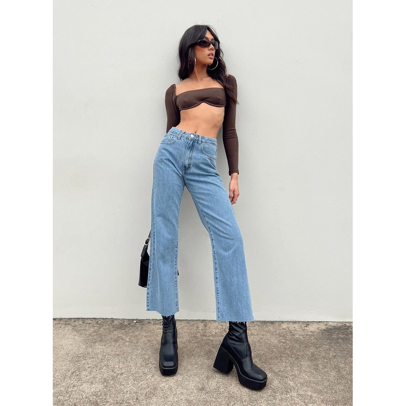 Becca Long Sleeve Crop Top Brown