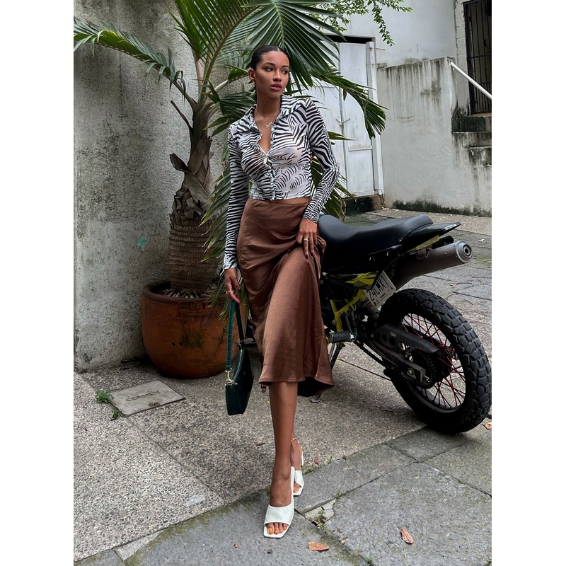 Tyra Satin Midi Skirt Brown