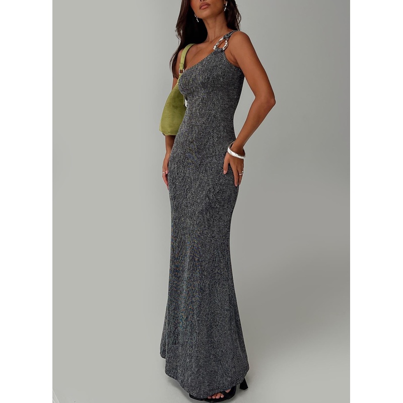 Beckon One Shoulder Maxi Dress Black Glitter