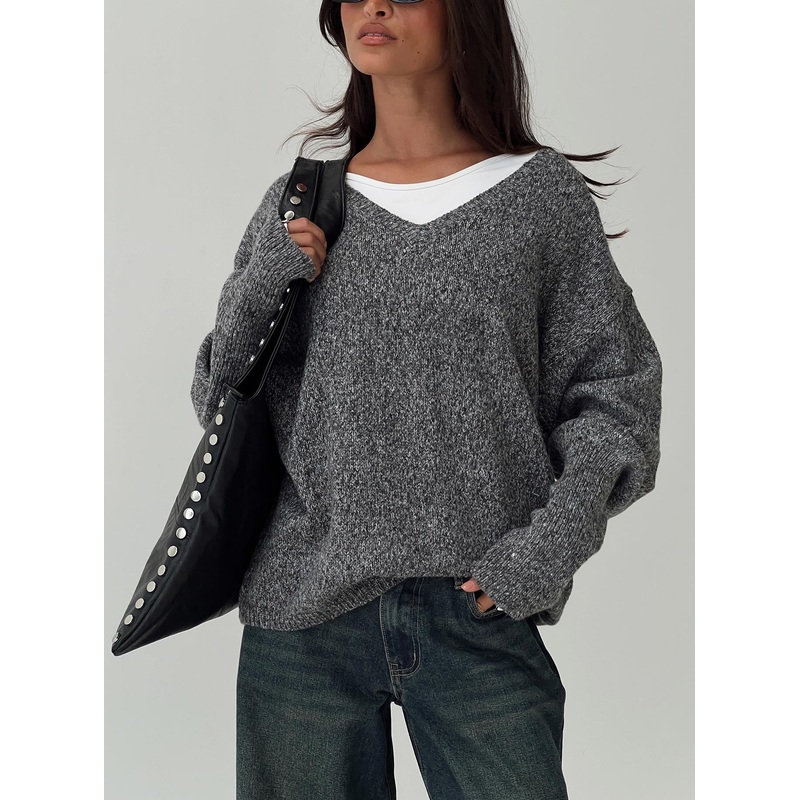 Beyond My Gaze V Neck Knit Sweater Grey