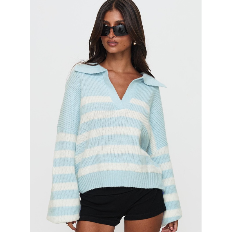 Carolena Long Sleeve Collared Knit Sweater Blue / White Stripe