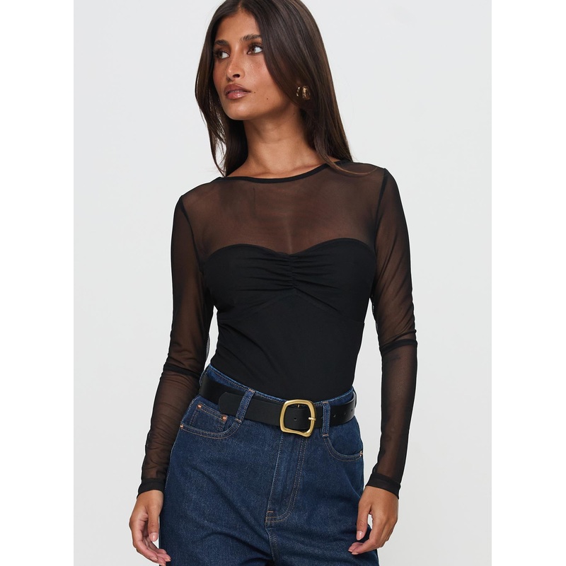 Delanee Mesh Detail Long Sleeve Bodysuit Black