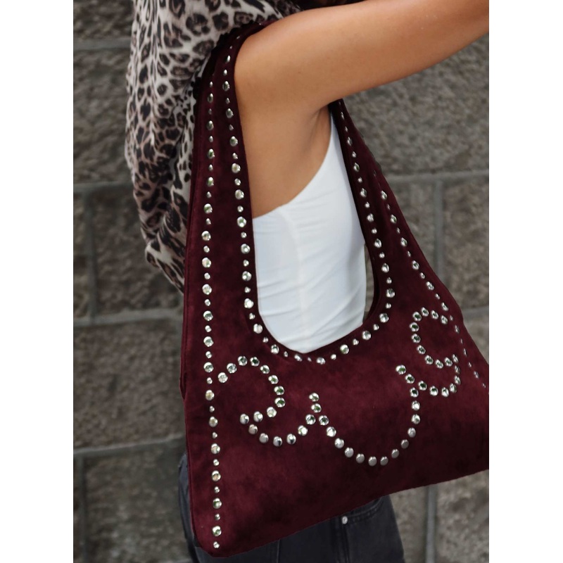Lemoni Faux Suede Stud Bag Burgundy