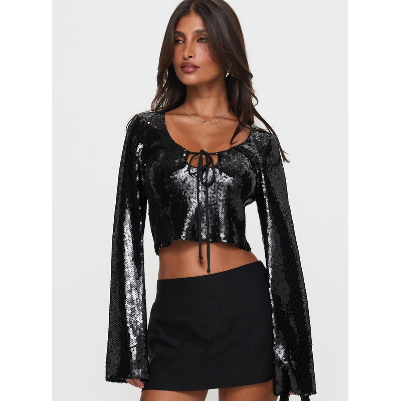 Zenobia Long Sleeve Sequin Top Black