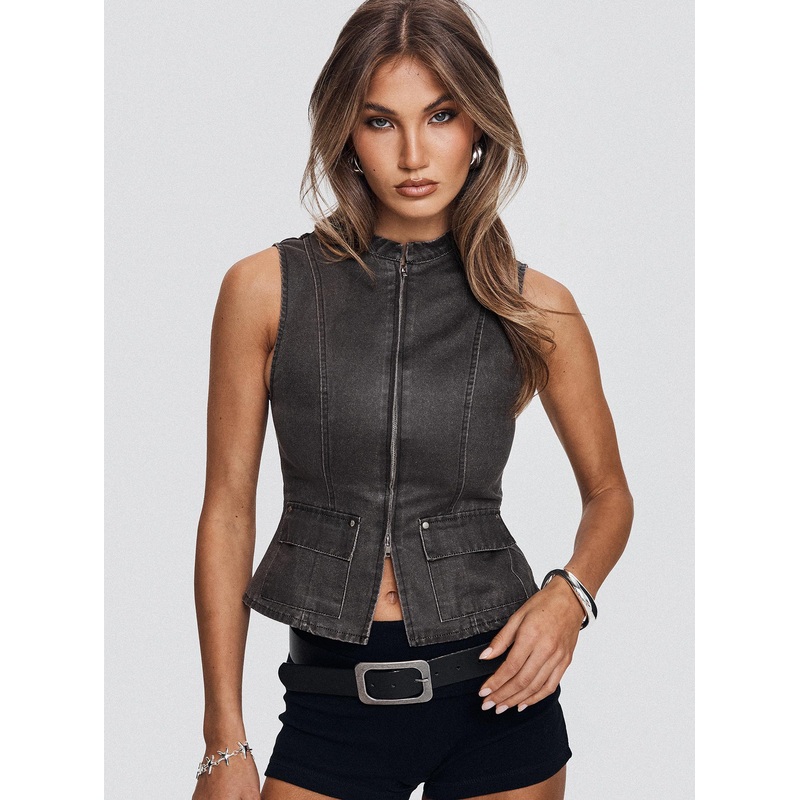 Spike Zip Front Denim Top Grey