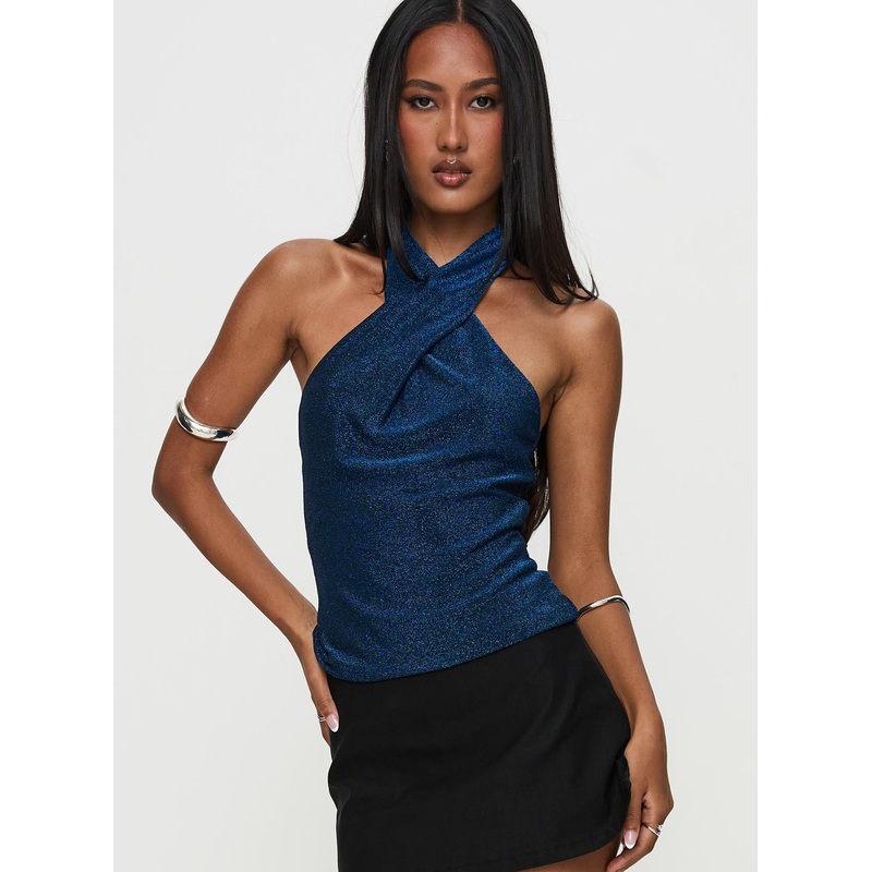 Treat Me Nice Cross Neck Top Blue Glitter