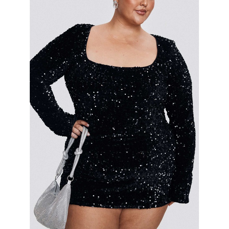 Vinelle Long Sleeve Mini Dress Black Curve